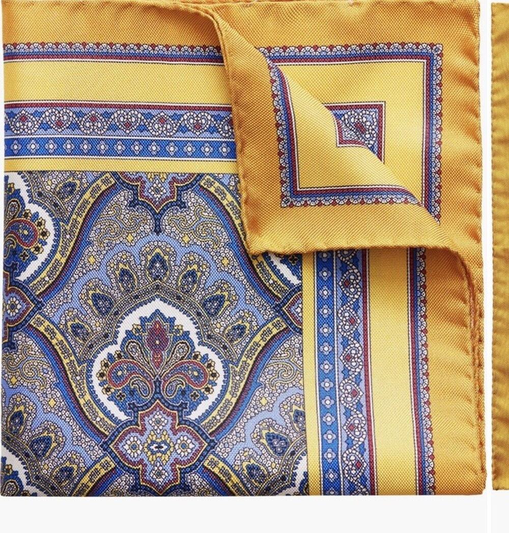 Eton Paisley Silk Pocket Square Yellow Orange Blue NWT $100